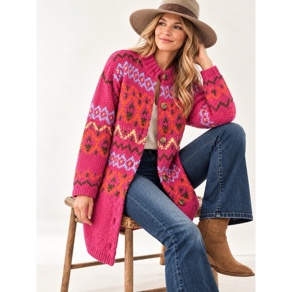 Sundance La Jolla Fair Isle Long Cardigan Sweater Womens XS Pink Chunky Boho